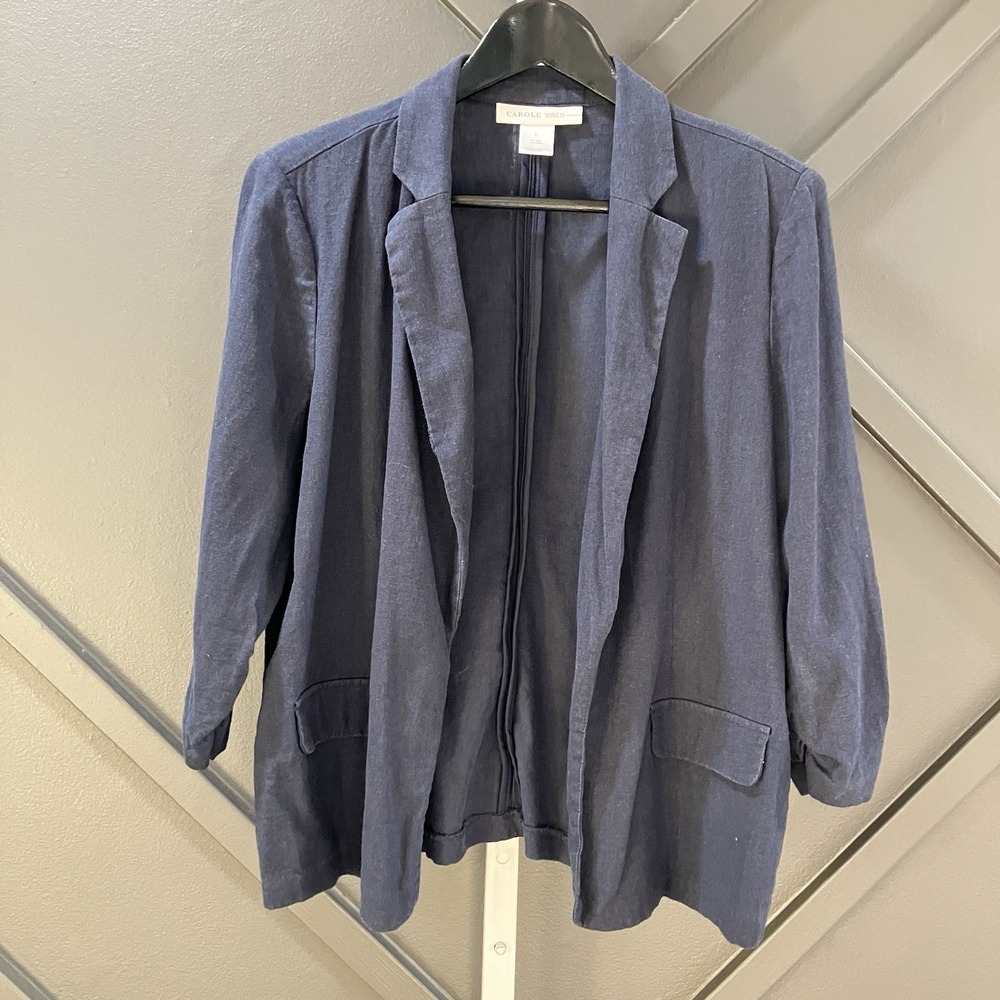 Carole Wren Womens L Navy Linen Blend Open Front Blazer Lightweight Jacket